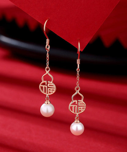 Rose Gold Sterling Silver Pearl Gourd Drop Earrings
