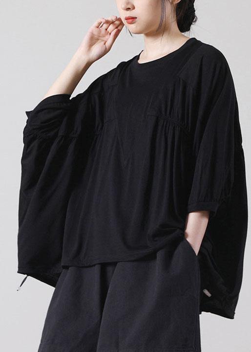 Natural Black Batwing Sleeve Cotton Summer Short Sleeve Tops