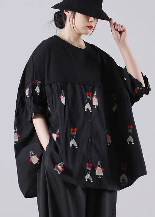 Black O-neck Embroideried Patchwork Cotton Shirts Short Sleeve