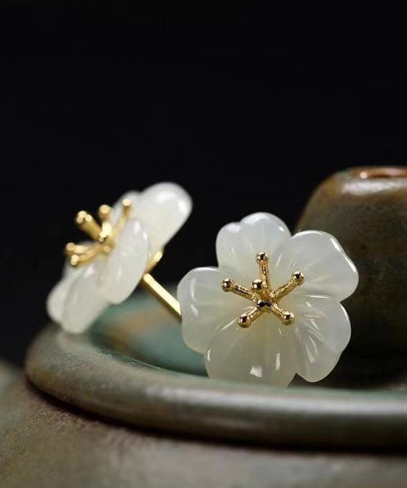 Diy White Sterling Silver Overgild Inlaid Jade Plum Blossom Stud Earrings