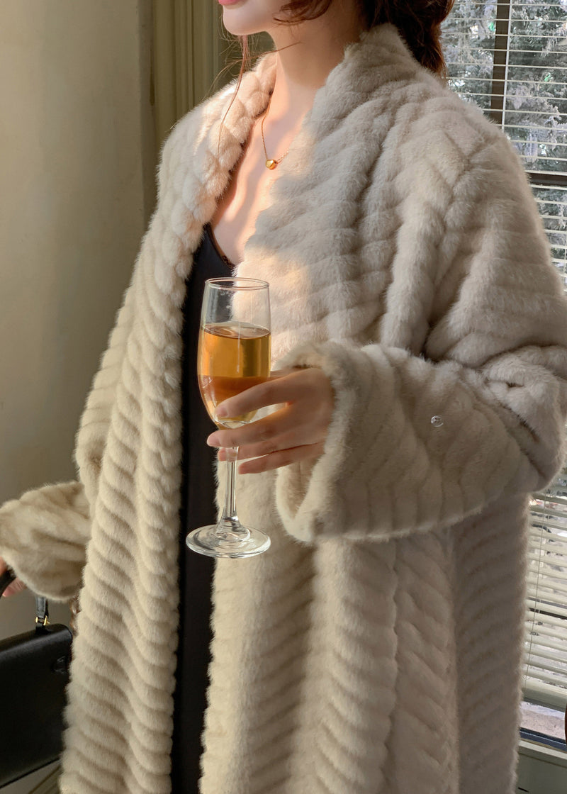 Beige Oversized Faux Mink Hair Trench Coats Winter