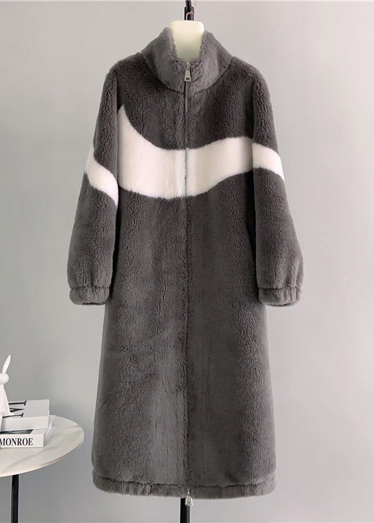 Black Stand Collar Zip Up Pockets Wool Coat Winter