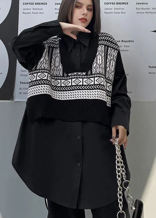 Art Black Clothes for Lapel False Two Pieces Loose Spring Blouse