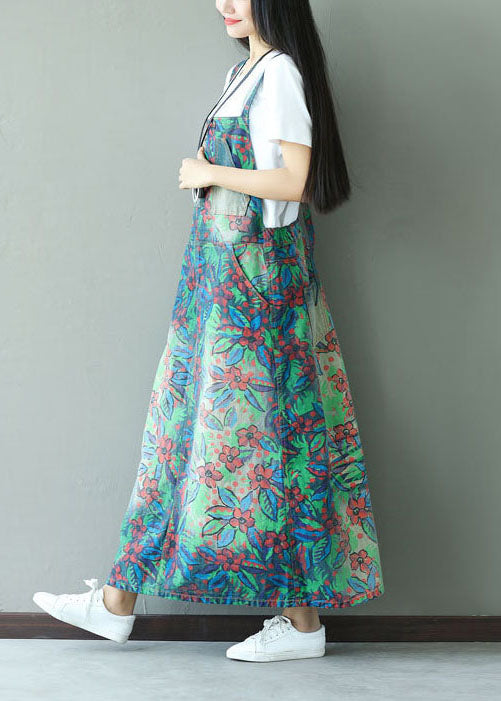 Green Patchwork Pockets Print Elastic Waist Dress Spring