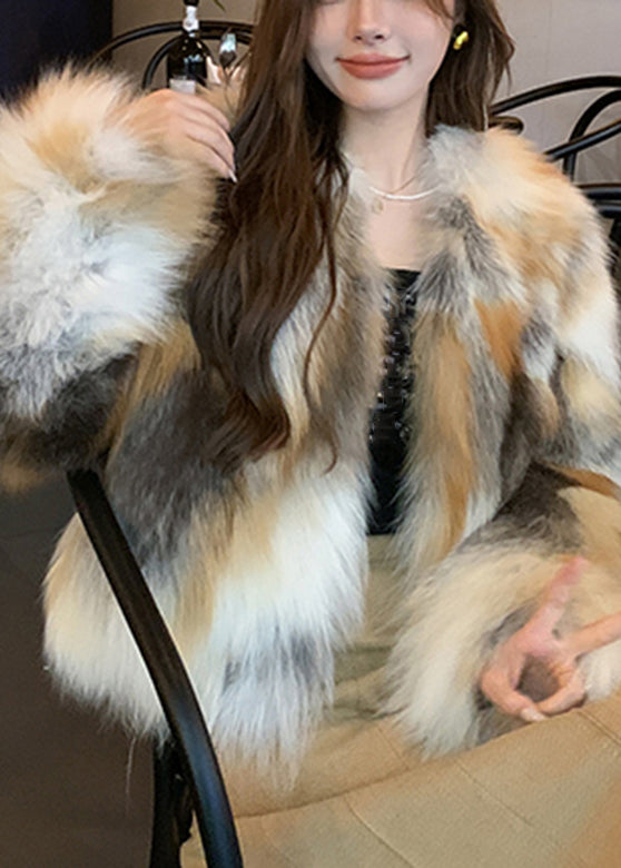 Unique Photo Color V Neck Print Leather and Fur Coats Spring