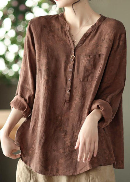 Coffee V Neck Button Patchwork Linen Shirts Spring