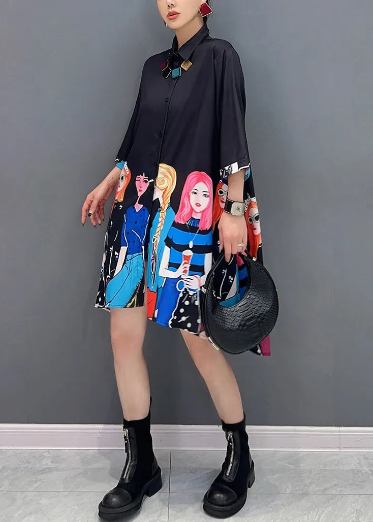 Black Button Cotton Blouses Peter Pan Collar Half Sleeve