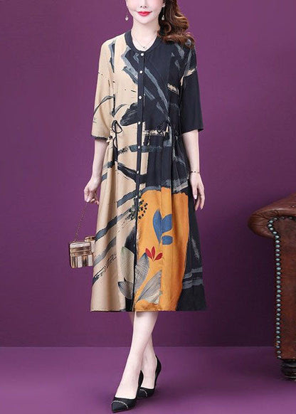 Colorblock Drawstring Side Open Print Silk Dresses Summer
