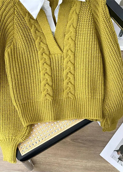 Unique Green Peter Pan Collar False Two Pieces Knit Top Spring