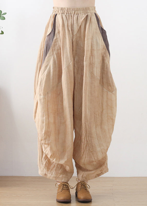 Khaki Elastic Waist Wrinkled Patchwork Linen Harem Pants Summer