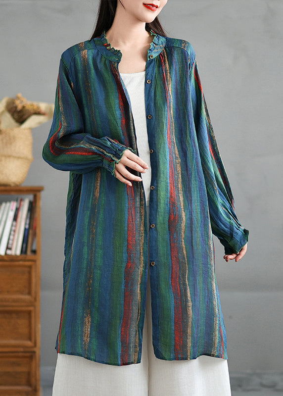 Green Ruffled Striped Button Cotton Shirt Fall