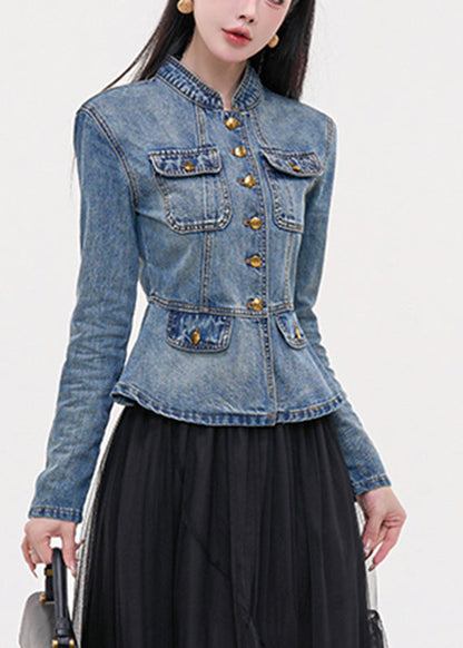 Slim Fit Blue Stand Collar Pockets Patchwork Denim Coats Fall