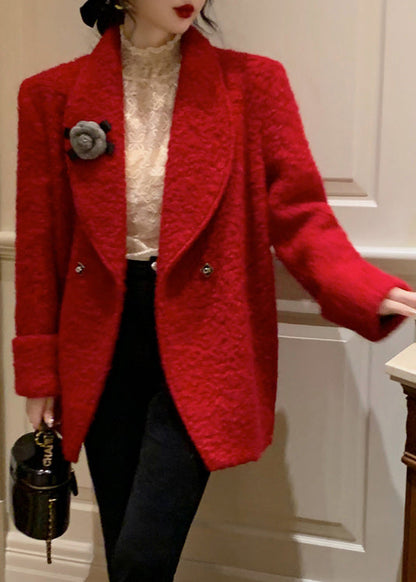 French Red Peter Pan Collar Button Pockets Woolen Coat Long Sleeve