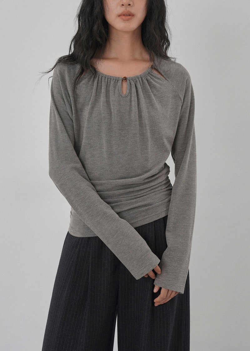 Unique Grey O Neck Hollow Out Wrinkled Cotton Top Spring