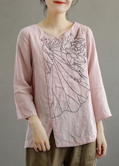 Pink O-neck Button Embroideried Fall Linen Long Sleeve Top