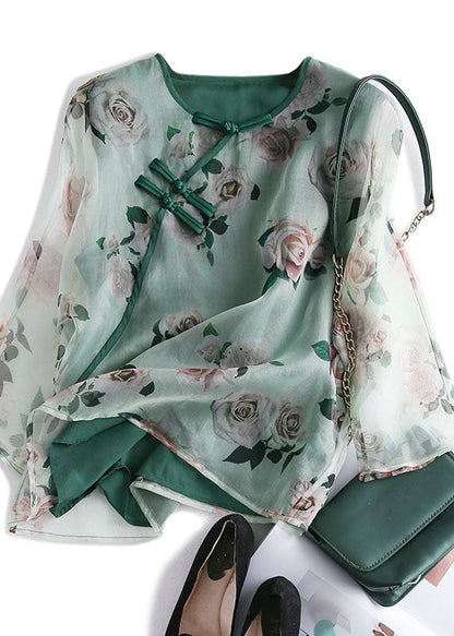 Green Print Chinese Button Patchwork Tulle T Shirt Summer
