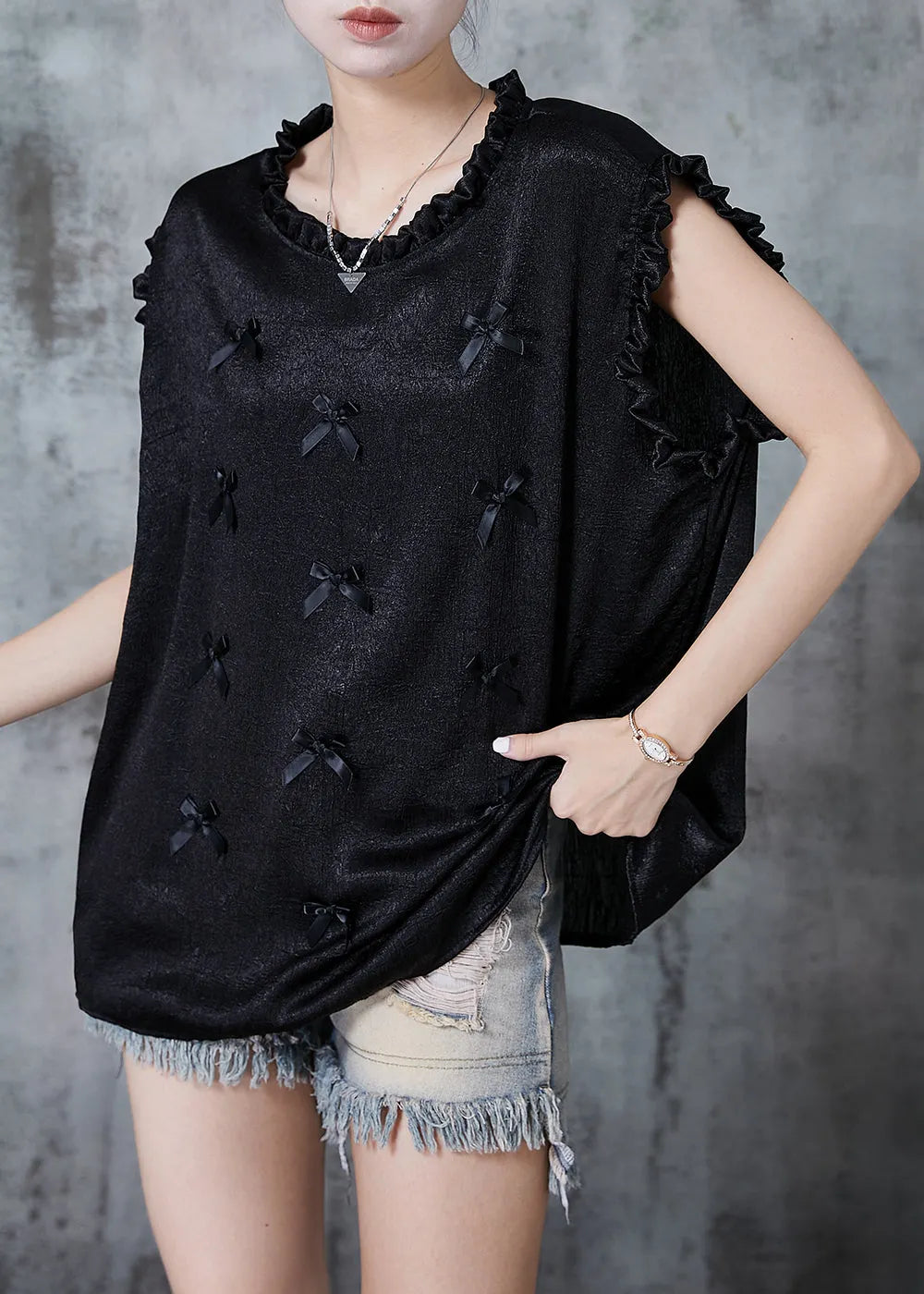 Black Ruffled Bow Silk Tank Summer