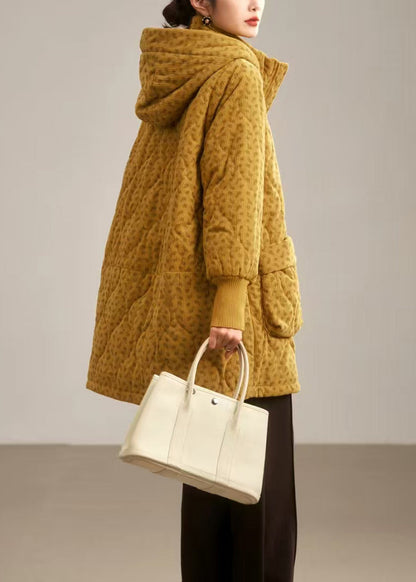 Yellow Hooded Pockets Fine Cotton Filled Coat Winter