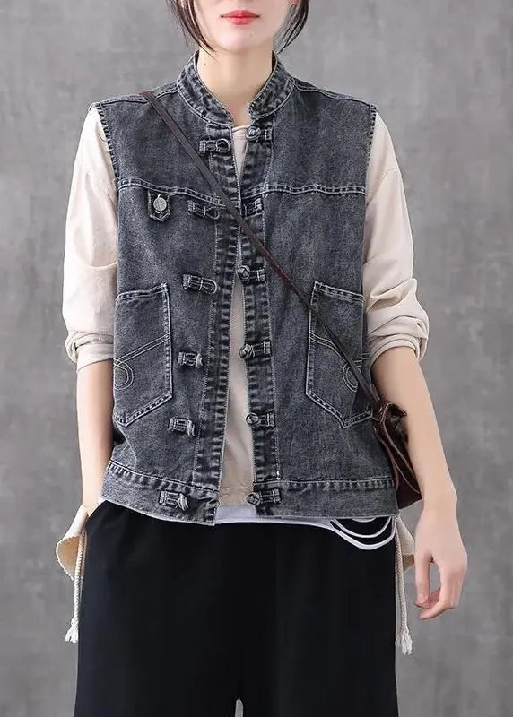 Retro Light Blue O-neck Patchwork Button Pockets Cotton Denim Waistcoat Sleeveless