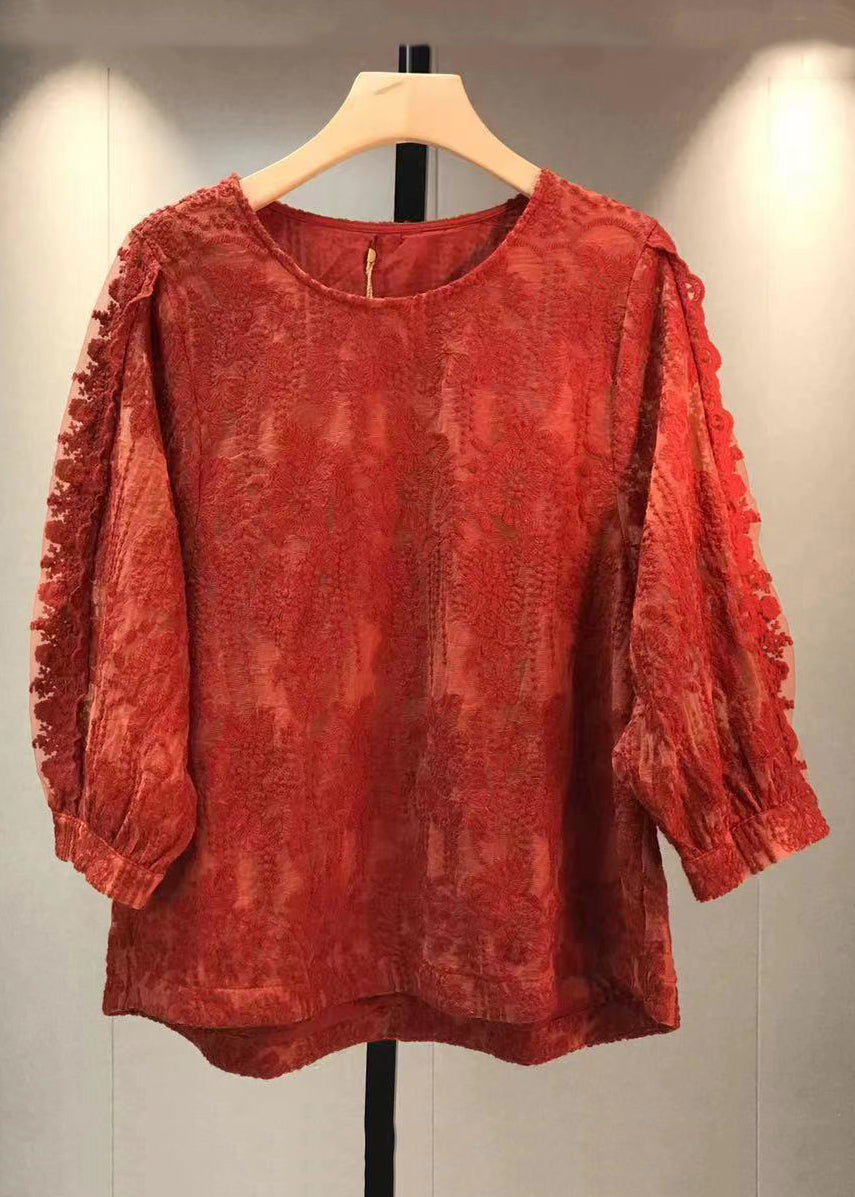 Red O Neck Embroideried Lace T Shirt Tops Fall