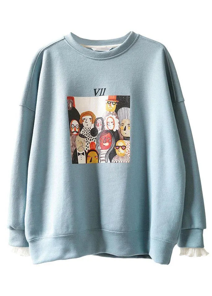 Comfy Blue O-neck Print Fall Sweatshirt