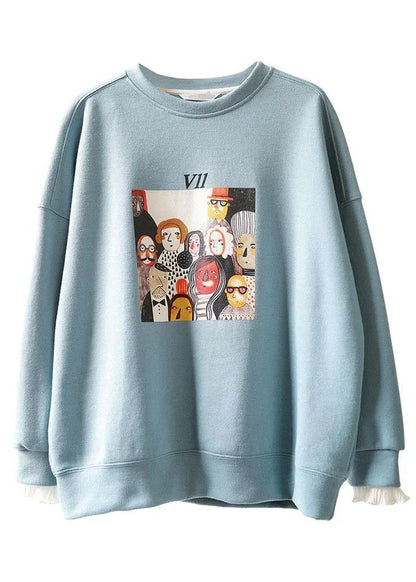 Comfy Blue O-neck Print Fall Sweatshirt