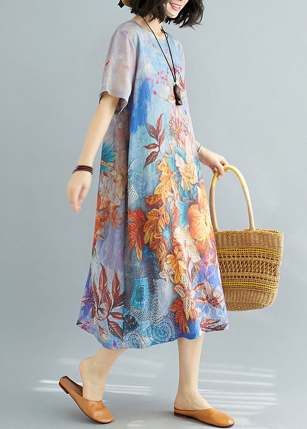 Blue O Neck Print Cotton Dresses Summer