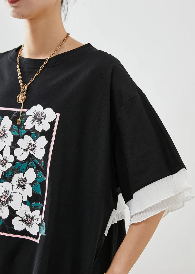 Black Ruffled Patchwork Print Cotton Tanks Summer
