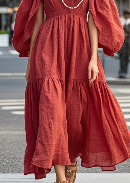 Red Nail Bead Exra Large Hem Cotton Dress Fall