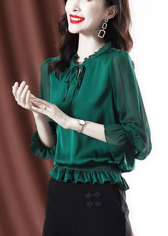 Green Ruffled Lace Up Chiffon Shirt Spring