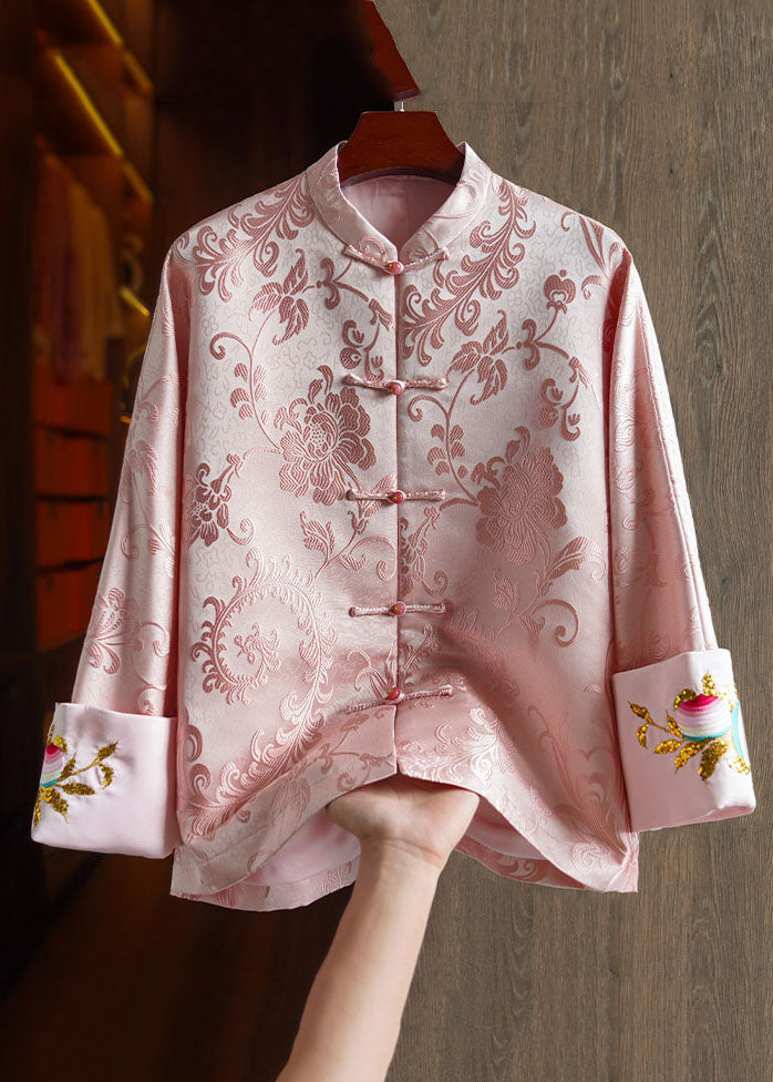Pink Stand Collar Embroideried Silk Coat Long Sleeve