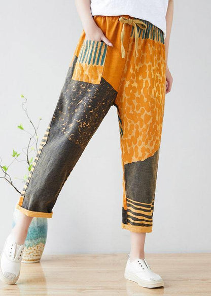 Modern Yellow Retro Colorblock Tie Waist Fall Pants Denim