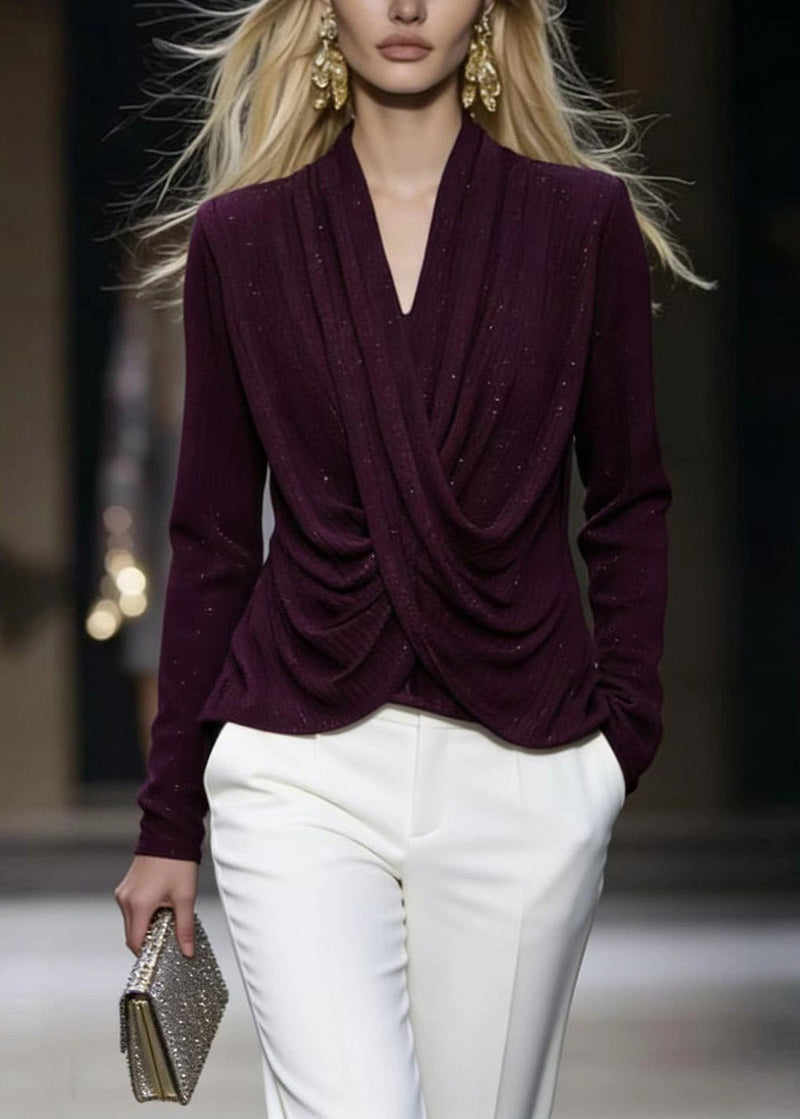 French Purple V Neck Wrinkled Cotton Shirt Top Spring