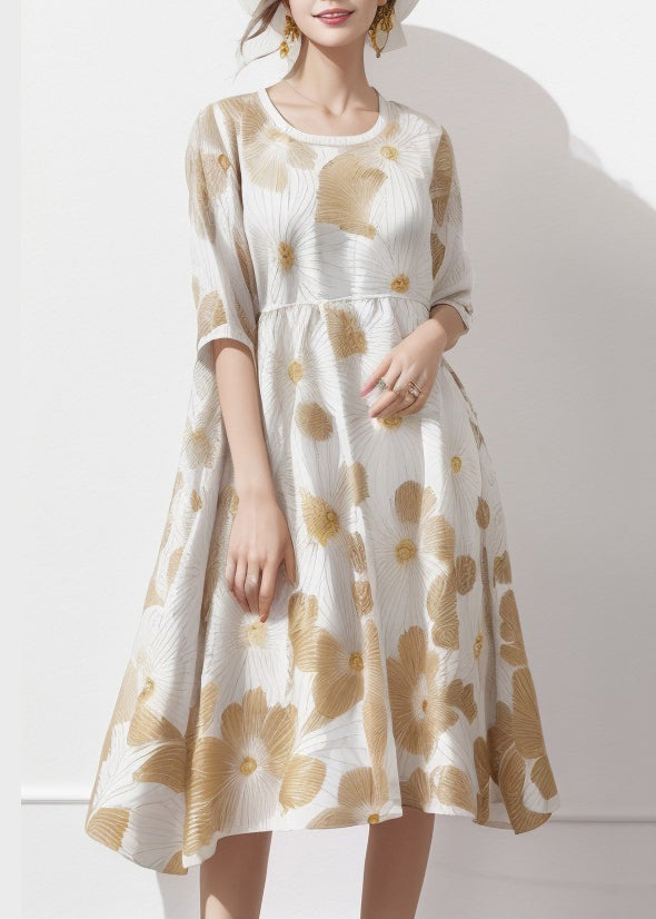Organic Apricot U Neck Print Silk Long Dress Summer