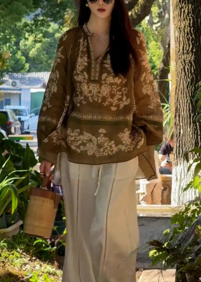Brown Oversized Print Linen Shirt Top Fall