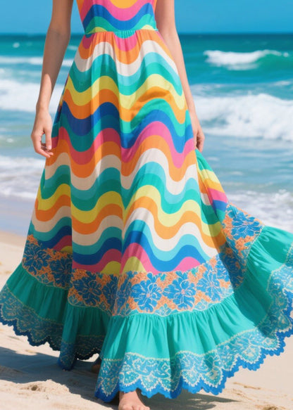 Multicolour Striped Patchwork Exra Large Hem Chiffon Beach Dresses Summer