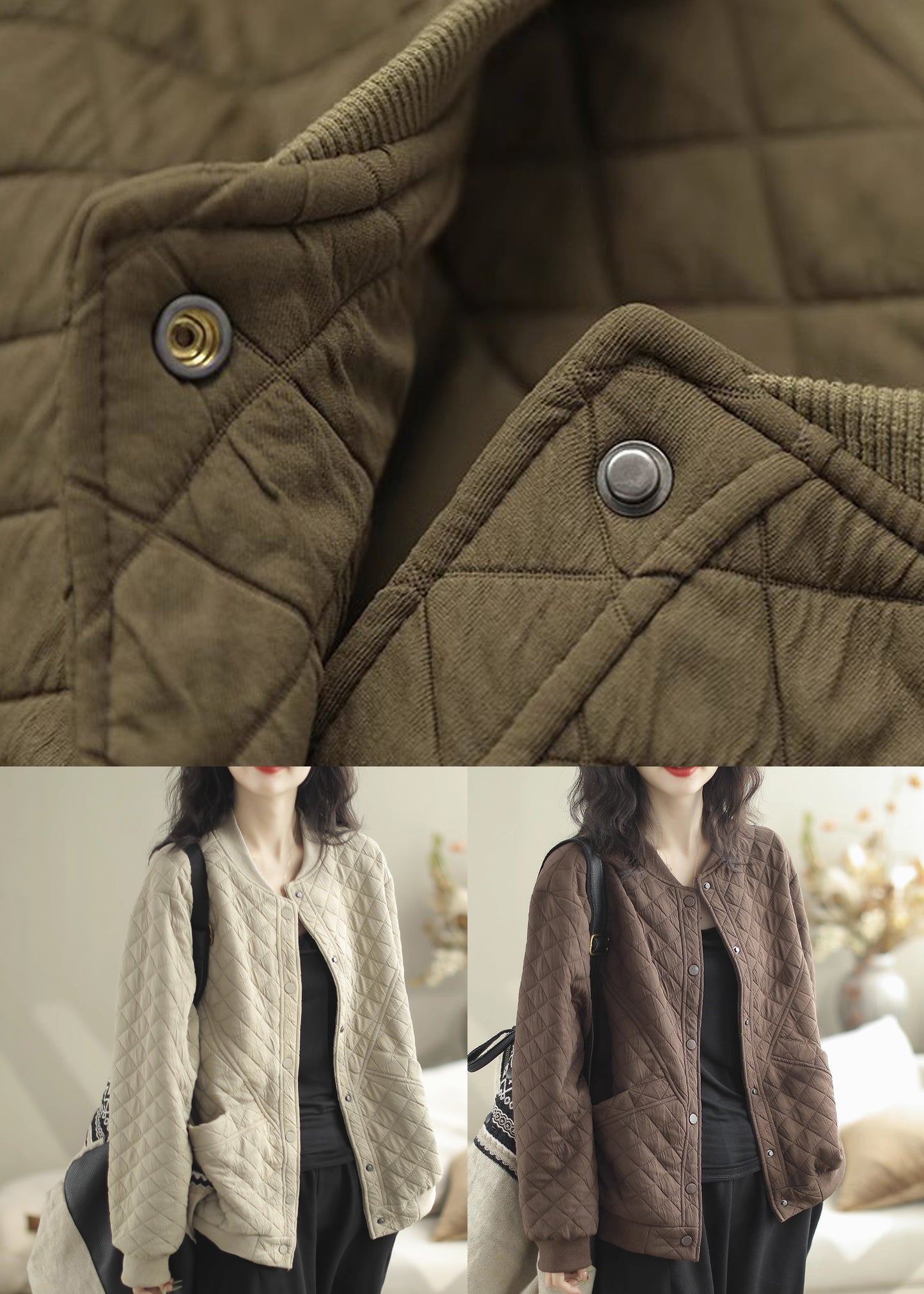 Beige Stand Collar Pockets Fine Cotton Filled Jacket Winter