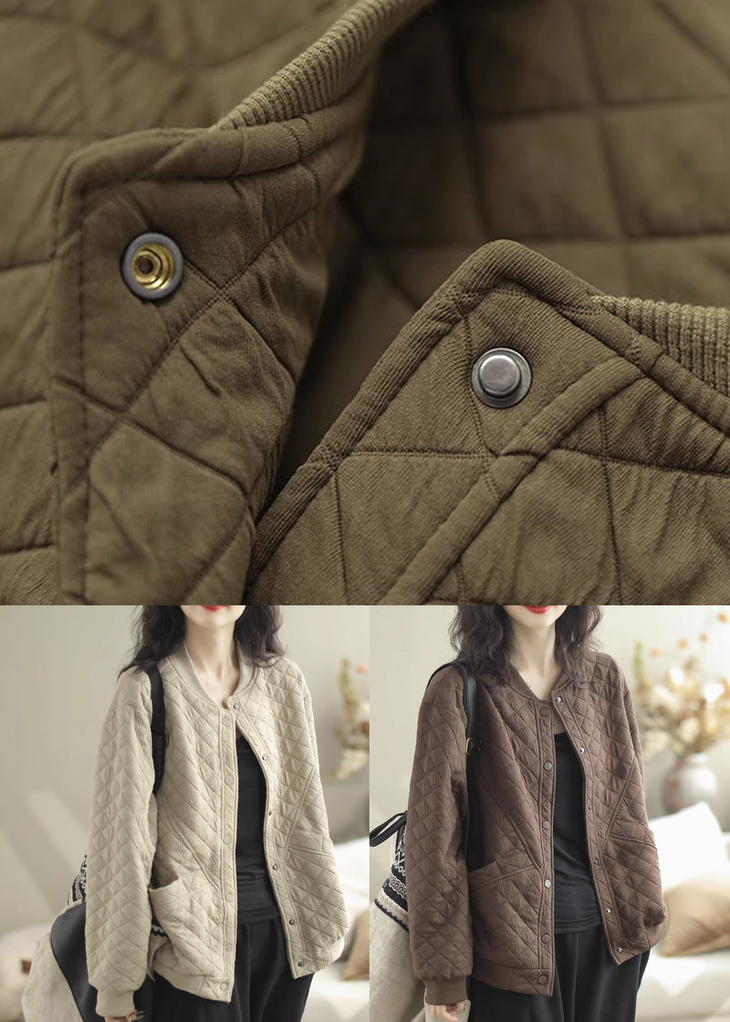 Beige Stand Collar Pockets Fine Cotton Filled Jacket Winter