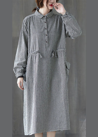 Simple Plaid Button Pockets Tie Waist Fall Party Dress Long Sleeve