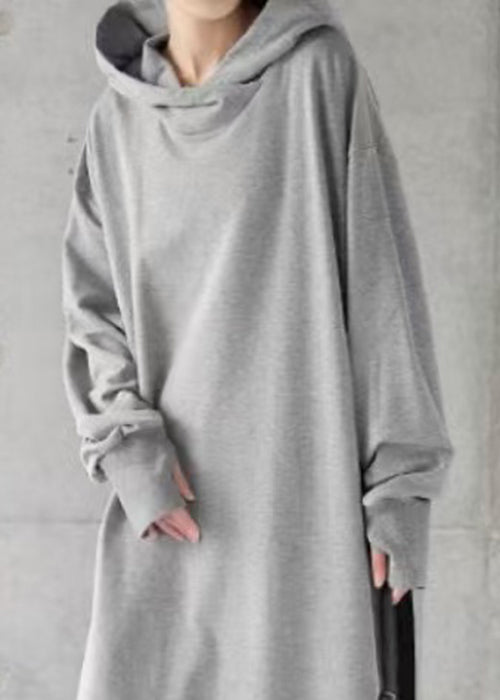 Loose Grey Hooded Cotton Sweatshirt Dress Spring
