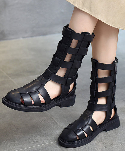 Black Chunky Cowhide Leather Hollow Out Boots