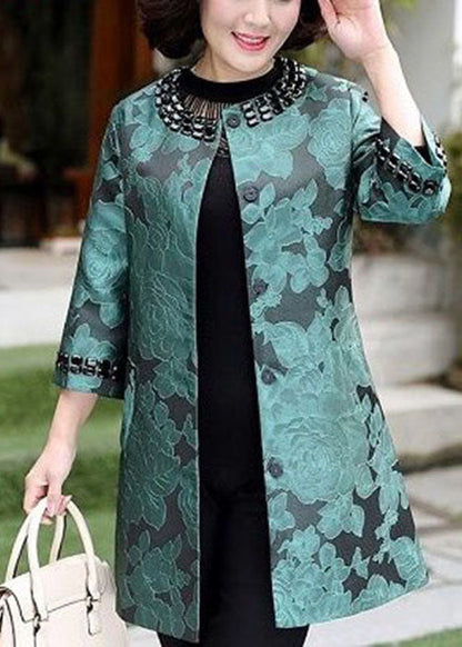 Green O-neck Jacquard Spandex Long Coats Bracelet Sleeve