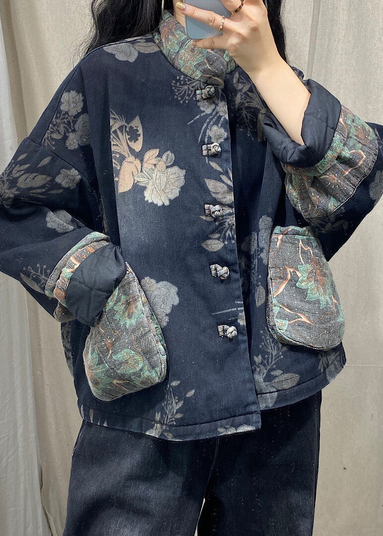 Black Mandarin Collar Print Fine Cotton Filled Witner Coat