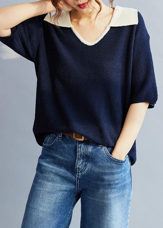 Blue Cotton Blouse Polo Collar Oversized Summer Shirt Style