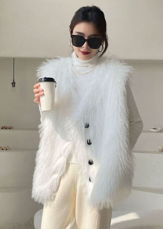White Button Fuzzy Fur Tops Sleeveless Waistcoat