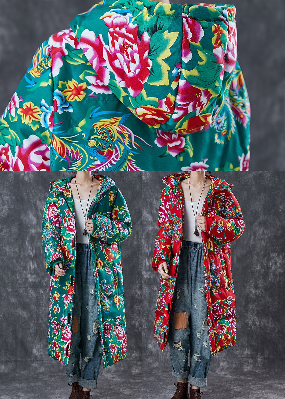 Green Original Print Fine Cotton Filled Parka Jacket Hooded Winter