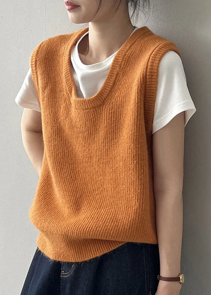 Simple Versatile Green U Neck Knitted Vest Autumn