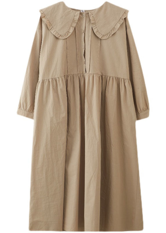 Apricot Ruffled Patchwork Button Fall Dress Long Sleeve
