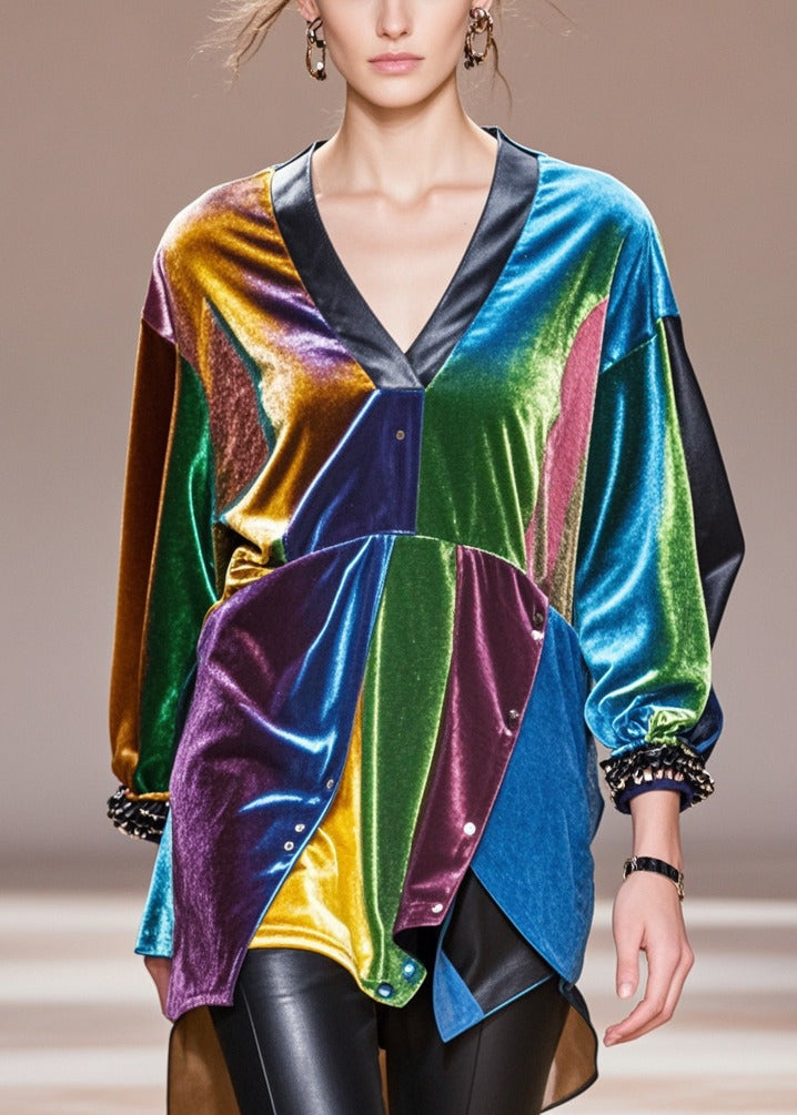 Diy Multicolour Asymmetrical Patchwork Silk Velour Shirt Tops Fall