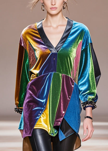 Diy Multicolour Asymmetrical Patchwork Silk Velour Shirt Tops Fall